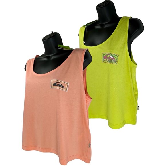 QUIKSILVER Crop Tank Top Sz L Bundle of 2 Lime Green Peach Orange Graphic Cotton - Picture 2 of 16